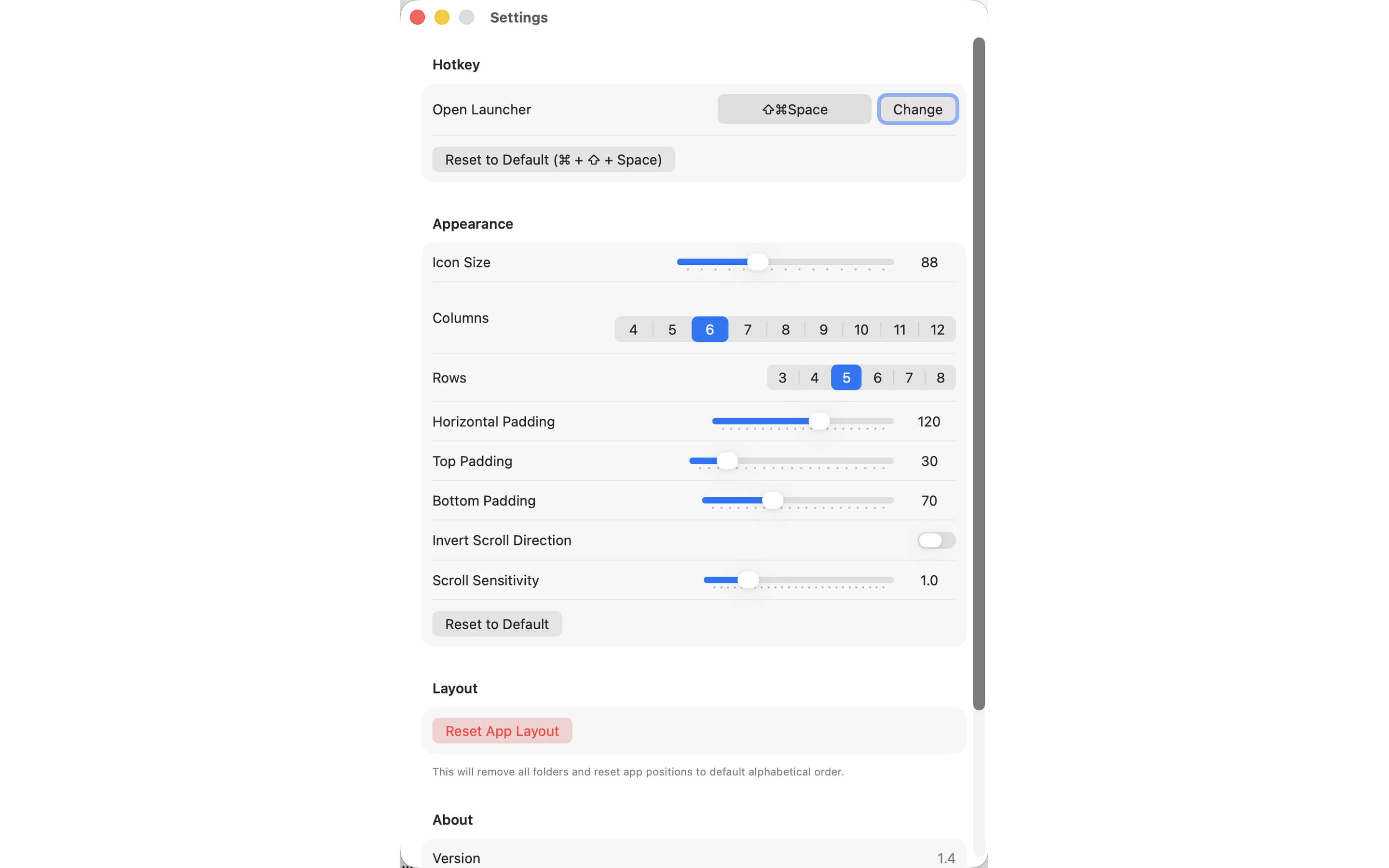 ApplicationPad settings - customize grid layout rows columns icon size